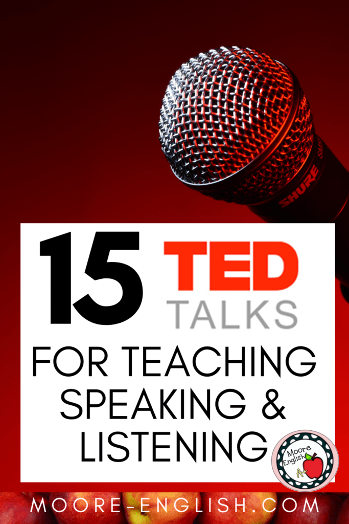 An image of microphones appears under text that reads: 15 TED Talks for Teaching Speaking and Listening Skills