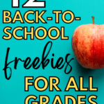 A red apple rests atop a teal background. This appears under text that reads: 12 Fun, Effortless Back-to-School Freebies for Any Age