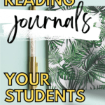 A palm tree-patterned journal appears beside a white and gold pen. This appears under text that reads: 5 Choice Reading Journal Prompts for Quality Reflection