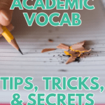 A person writes in a lined journal with a pencil. Beside the pencil are its sharpenings. This appears under text that reads: Make Academic Vocabulary Fun with These 8 Effortless Ideas