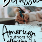 A person holds a blue ink pen and writes in a journal. They are wearing a white sweater. A coffee mug is at their side. This image appears under text that reads: 5 Classic American Authors for Effective ELA Teachers