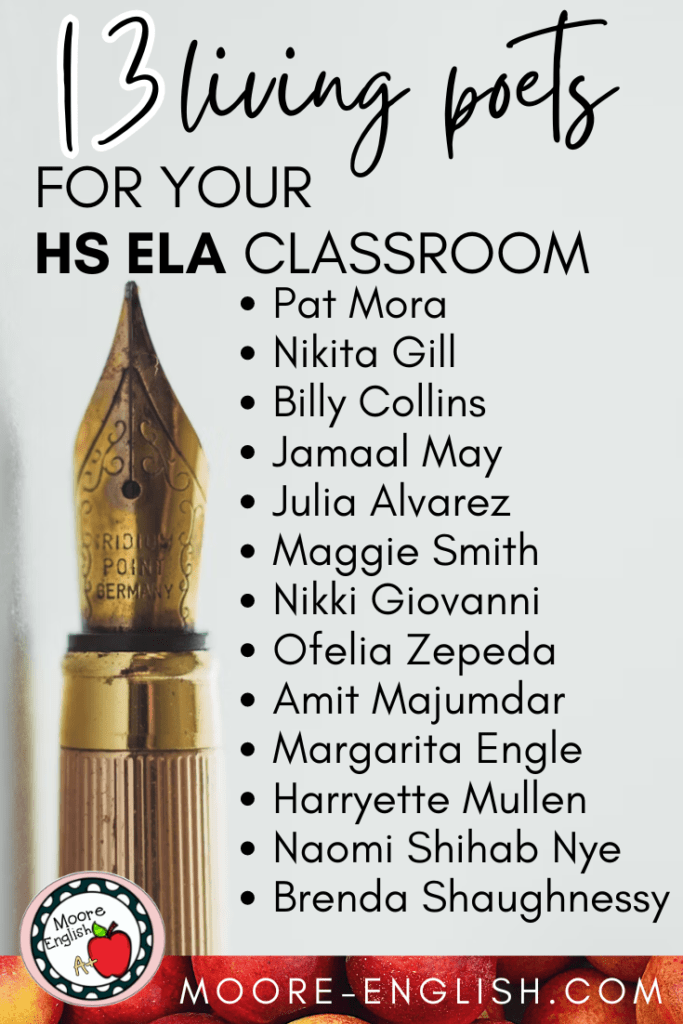 An ink pen sits beside text that reads: 12 Living Poets Even Your Picky High Schoolers Will Love