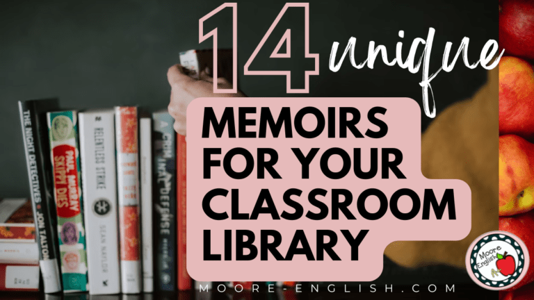 A person wearing a mustard-yellow sweater reaches forward to take a book from the shelf. This image appears under text that reads: 14 Fascinating Memoirs for Your Classroom Library