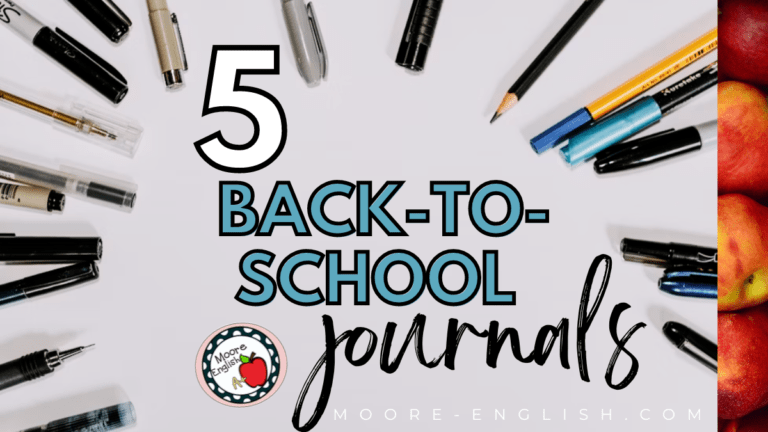 Ink pens are scattered around a flatlay. The text reads: 5 back-to-school journals