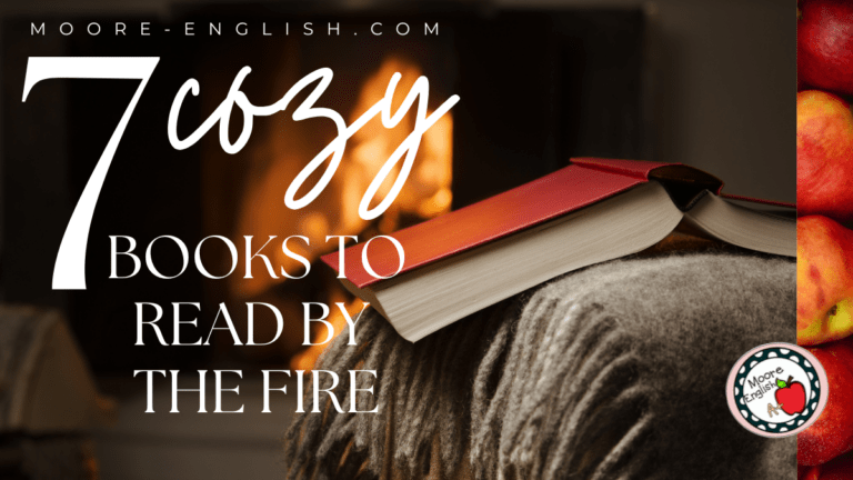 A crackling fire appears behind the text: 7 Cozy Books to Read by the Fireplace