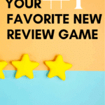 Five gold stars in a row appear on an orange and blue background. This appears under text that reads: Your #1 New Favorite Review Game: Fun for All Content Areas