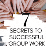 Students' lean forward and stack their hands together. This image appears under text that reads: 7 Secrets to Successful Group Work in High School ELA