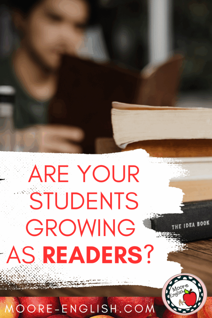 A student reads in the background. In the foreground is a stack of books. This appears under text that reads: Are Your Students Maturing as Readers? 9 Easy Ways to Tell