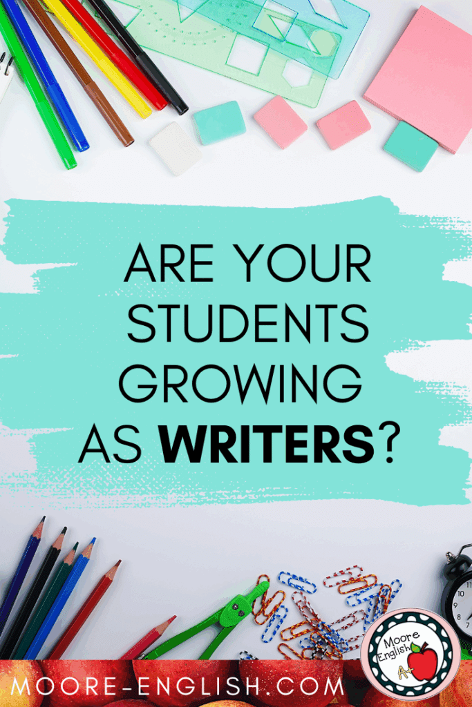 Scattered school supplies surround text that reads: 9 Happy Signs of Maturing Writers in Your Classroom