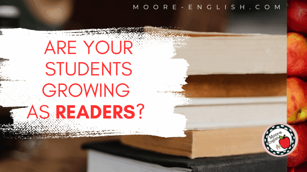 Current image: A student reads in the background. In the foreground is a stack of books. This appears under text that reads: Are Your Students Maturing as Readers? 9 Easy Ways to Tell