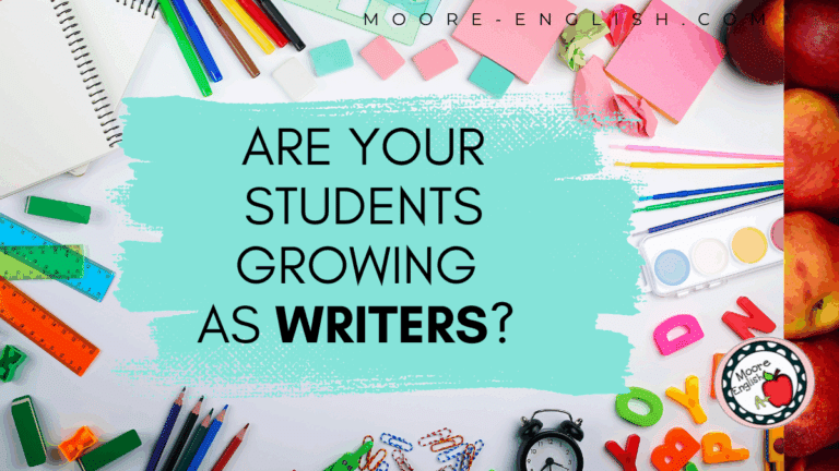 Scattered school supplies surround text that reads: 9 Happy Signs of Maturing Writers in Your Classroom