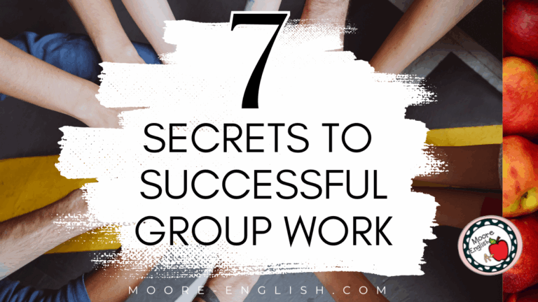 Students' lean forward and stack their hands together. This image appears under text that reads: 7 Secrets to Successful Group Work in High School ELA