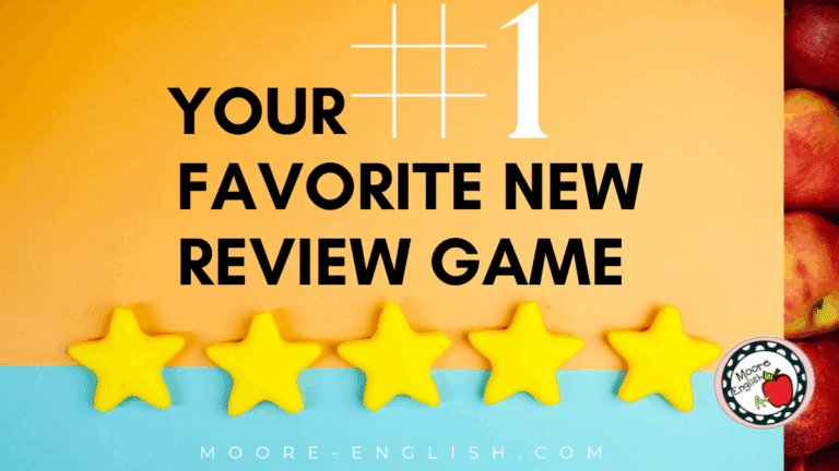 Five gold stars in a row appear on an orange and blue background. This appears under text that reads: Your #1 New Favorite Review Game: Fun for All Content Areas