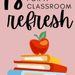 An illustration of a red apple sitting atop a stack of books appears under text that reads: 18 Essentials for a Successful Classroom Refresh: Back-to-School Edition