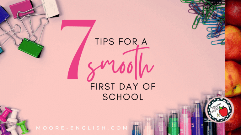 School supplies appear on a pink background under text that reads: 7 Tips for a Smooth First Day of School