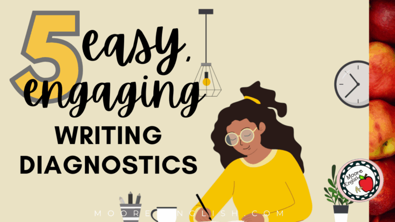 An illustration of a woman writing appears under text that reads: 5 Engaging, Easy Writing Diagnostics for Back-to-School