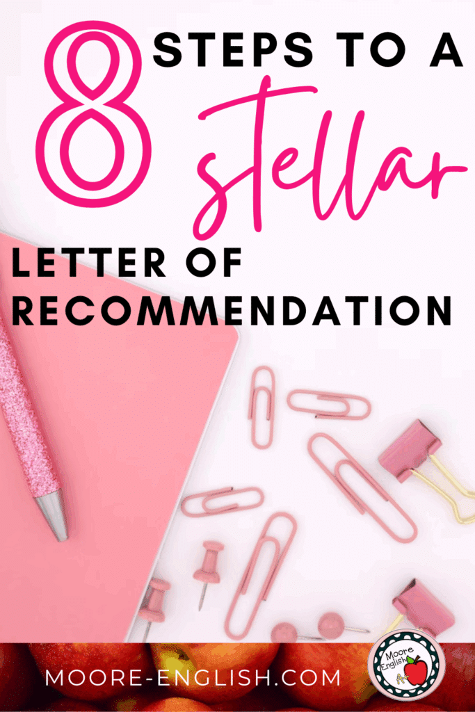 A flatlay with pink office supplies appears under text that reads: Write Personal Letters of Recommendation in 8 Easy Steps