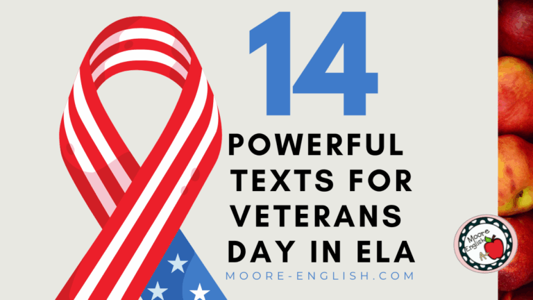 Patriotic clipart appears under text that reads: 14 Powerful, Reflective Veterans Day Texts for High School ELA
