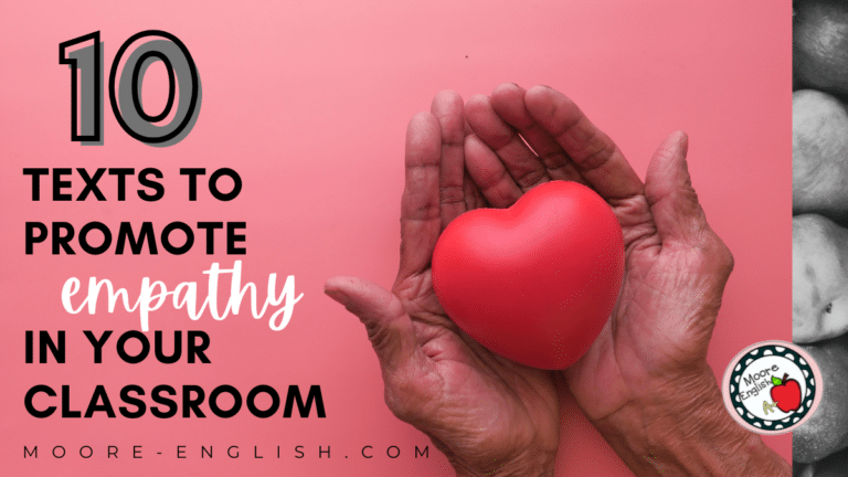 A woman holds a pink plastic heart in her hands. This image appears under text that reads: 10 Texts to Promote Empathy in Your Classroom