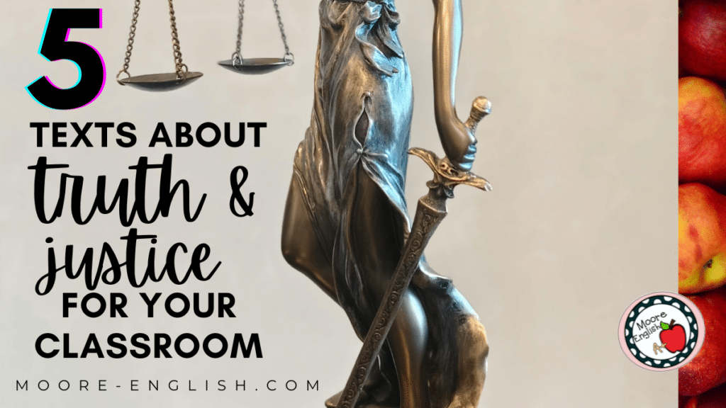 Current image: A statue of Lady Justice appears under text that reads: 5 Texts About Justice and Truth for Your Classroom