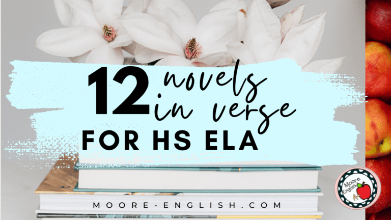 A stack of hardback books rests atop a wooden three-legged stool. This image appears under text that reads: 12 Popular Novels in Verse to Celebrate National Poetry Month