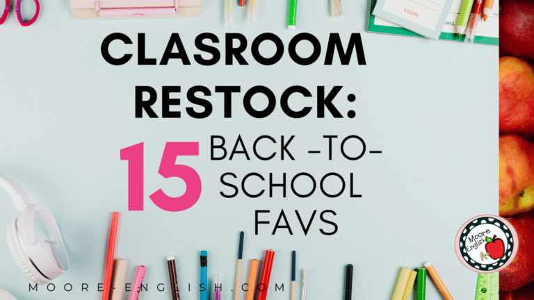 A desk cluttered with miscellaneous office supplies appears under an image that reads: Time for a Classroom Restock: 15 Back-to-School Essentials and Favorites
