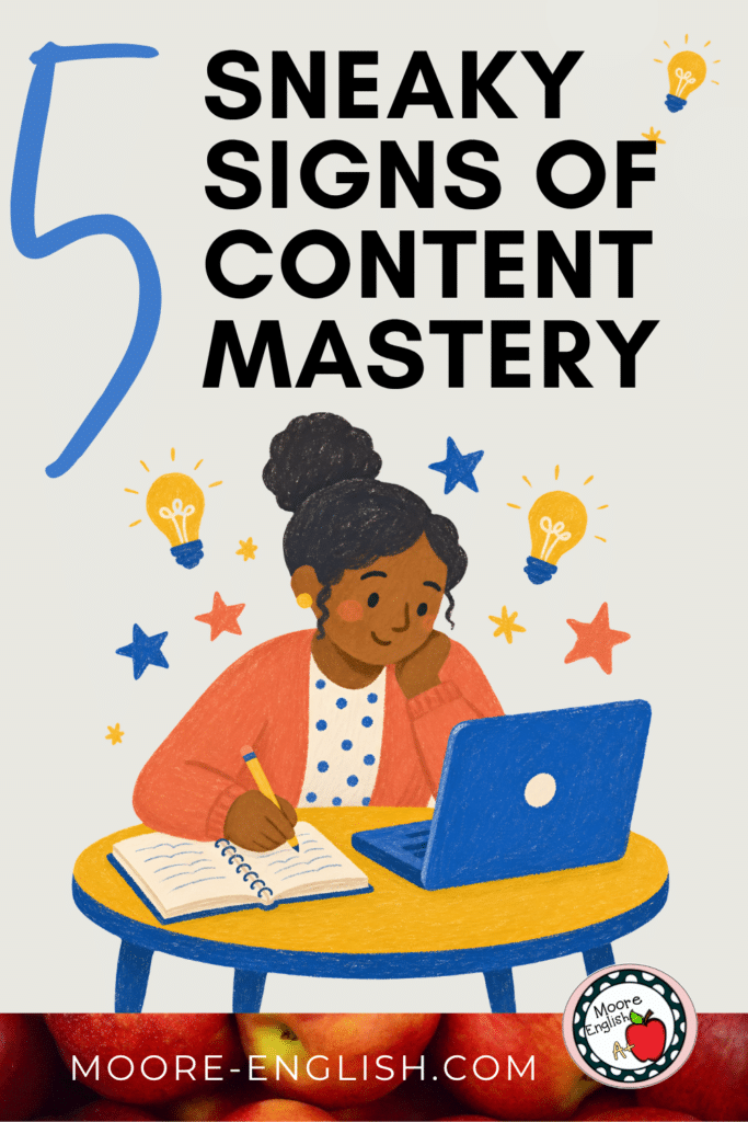 Illustration of a Black student sitting at a desk, referencing a laptop computer and writing or taking notes. She is surrounded by cartoon stars and lightbulbs to symbolize great ideas and learning. This image appears under text that reads: Nailing Content Mastery: 5 Subtle Signs Your Lesson Plan Actually Worked
