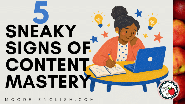Illustration of a Black student sitting at a desk, referencing a laptop computer and writing or taking notes. She is surrounded by cartoon stars and lightbulbs to symbolize great ideas and learning. This image appears under text that reads: Nailing Content Mastery: 5 Subtle Signs Your Lesson Plan Actually Worked