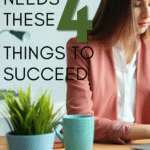 A woman in a pink blazer sits at an office desks and appears to type on a silver laptop. This image appears under text that reads: Your PLC Needs These 4 Things to Succeed